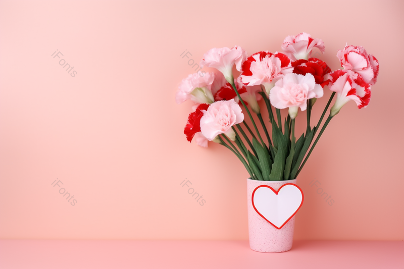 粉色背景墙康乃馨花爱心罐子实拍摄影图,高清,摄影图,摄影图片,图片大全,摄影图免费下载